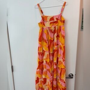 Abel the Label Red Orange Tropical Floral Smocked Waist Maxi Dress Extra Small